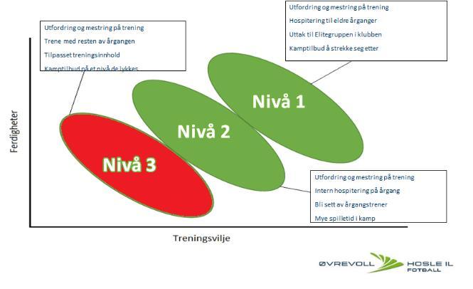 Nivå 3 spilleren Internt på årgangen Nivå 3 spiller trenger: En sosial tilhørighet til hele årgangen (nivå 1-3) Gode strukturerte økter med tilpasset nivå og innhold.