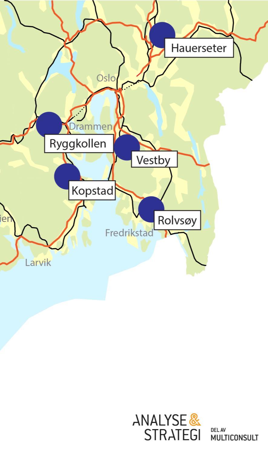 Lokalisering Hauerseter Øvre Romerike sør og nord. Nord størst potensial/fleksibilitet Skog og noe dyrka mark Vestby Søndre Akershus/Nordre Østfold. Plassering langs Østre linje ble også vurdert.