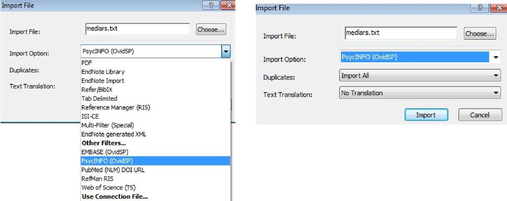 Velg deretter importfilteret PsycInfo (OvidSP) (12) fra lista.