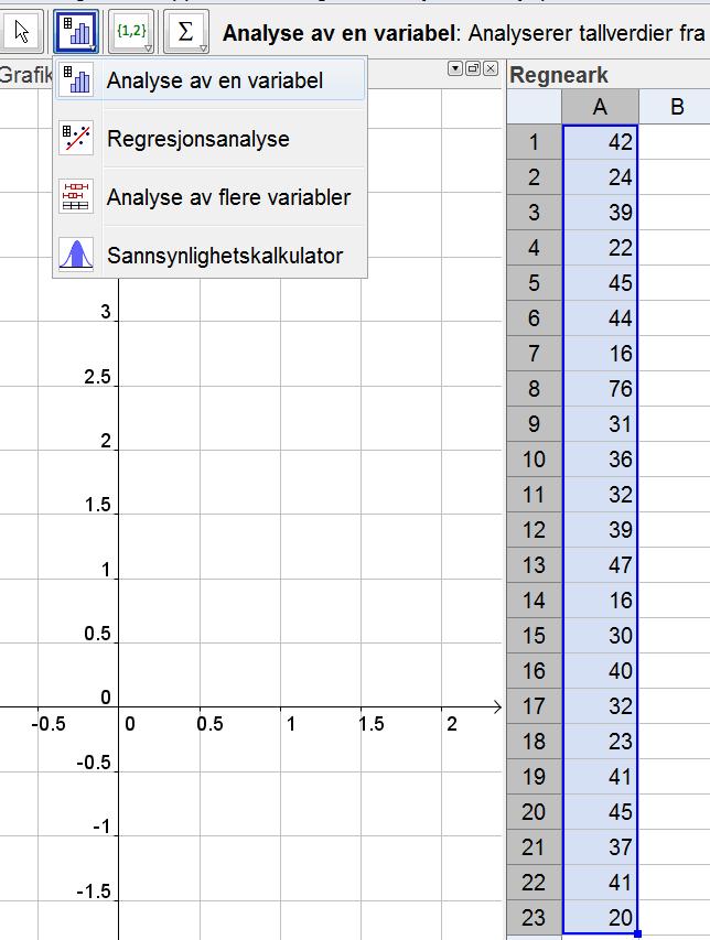 GeoGebra 4: Median, gjennomsnitt, kvartiler og standardavvik (med regneark) Du skal finne median, gjennomsnitt, første og tredje kvartil og standardavvik for reisetidene