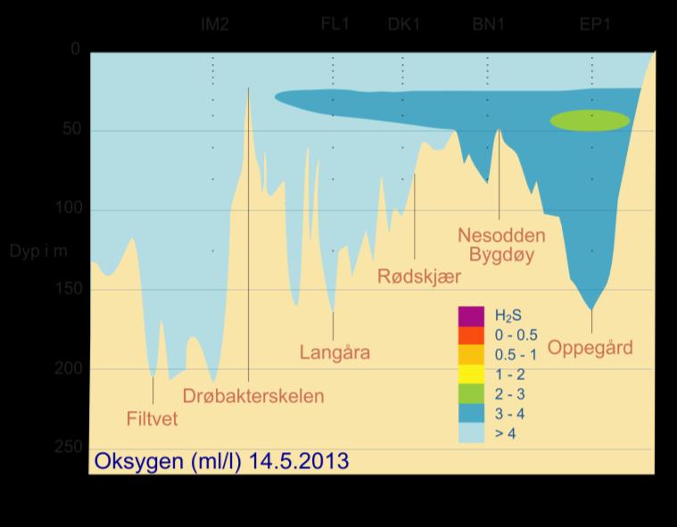 oksygenkonsentrasjoner over 2 ml/l i dypvannet.
