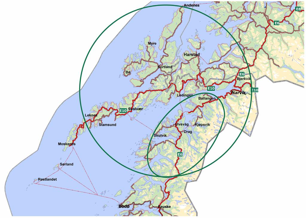 Lokal og regional avgrensning 2.4 Tilgrensende KVUer og andre viktige planprosesser Samferdselsdepartementet har i brev av 19.03.2010 også gitt Statens vegvesen i oppdrag å utarbeide KVU for E10/rv.