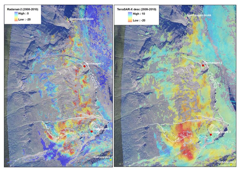 6.21.4 Insar data ERS InSAR data indikerer lav aktivitet ved Storhaugen tidsrommet 1992-2000. TerraSAR-X og RADARSAT-2 indikerer bevegelser på mellom 5-12 mm/år i tidsrommet 2008-2010.