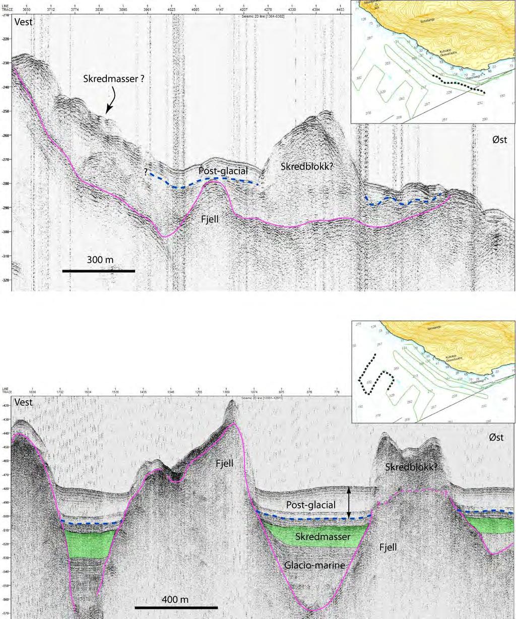 (a (b) Figur 111: Seismiske boomerdata fra kystlinjen rett utenfor Vassnestind. To linjer er vist. Tekst for detaljer.