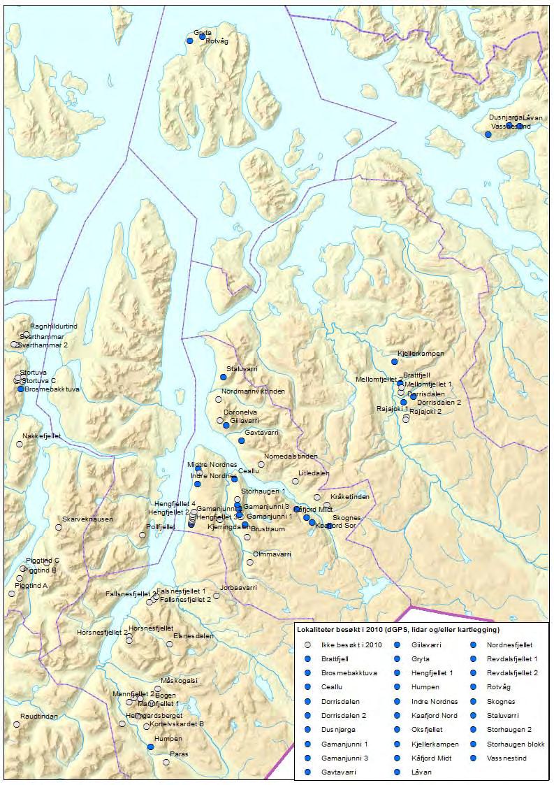 Figur 2: Lokaliteter som ble befart i løpet av feltarbeidet 2010 er markert i blått.