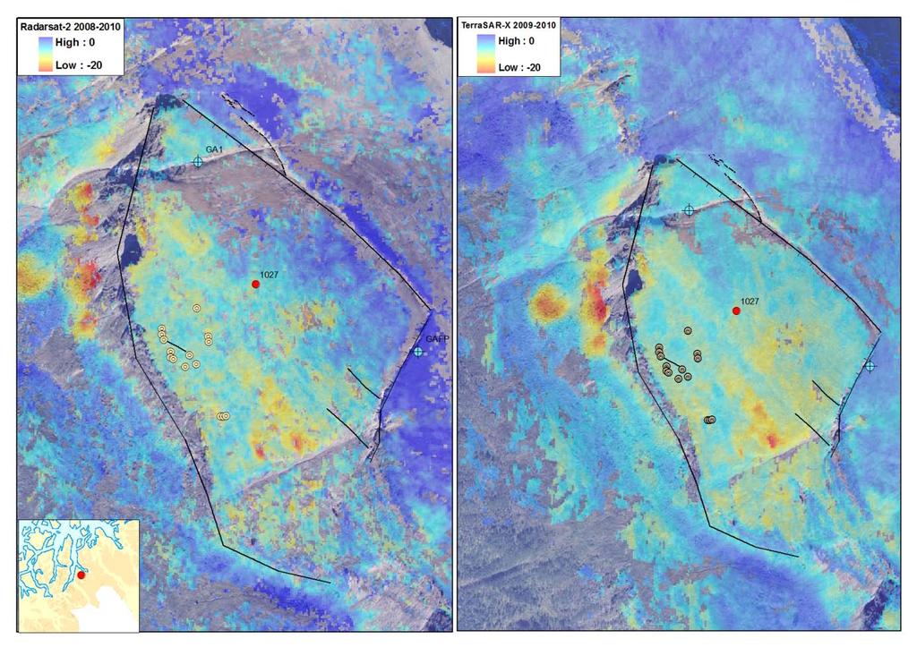 Figur 29: Venstre: Radarsat-2 data CSA, levert av Norsk Romsenter/KSAT 2010; Høyre: TerraSAR-X data DLR 2010. 6.5.