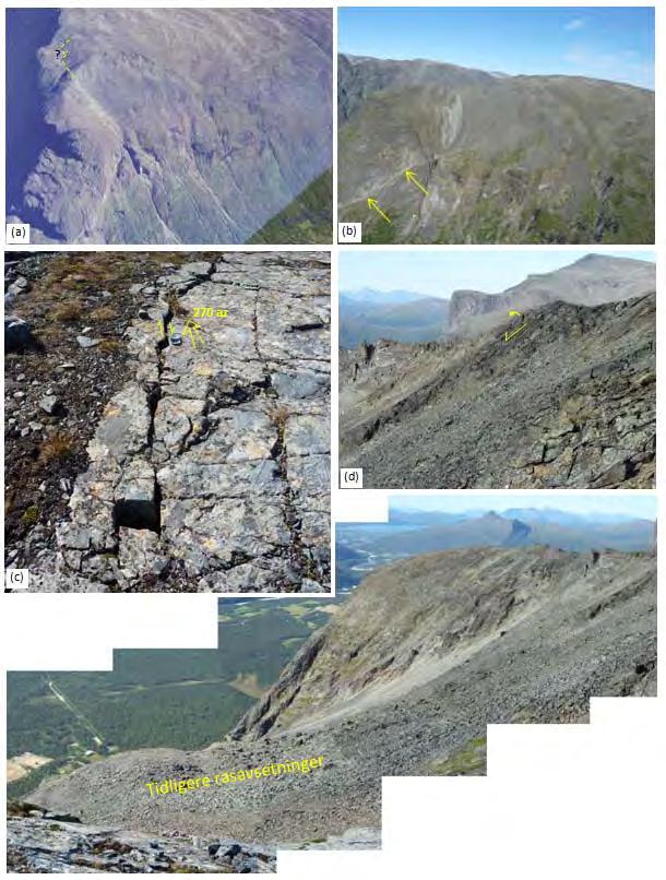 Figur 64: (a) fra www.norgei3d.no ; (b) helikopterfoto. Avmerket med pil: mulig bergartsgrense ; (c) venstrerettet bevegelse på sprekk indikert ved pull-apart.