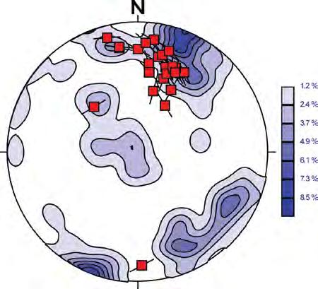 Et større antall sprekker er parallelle med baksprekken, som i sin tur ble utviklet langs et nedarvet glideplan, Høyre: grøft i urmateriale avsatt i forkant av baksprekken. 6.14.