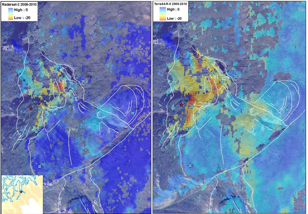 6.15.4 Insar data Fra ERS InSAR (1992-2000, Figur 68) og RADARSAT-2 (2008-2010, Figur 70) er det tydelige tegn til bevegelse.