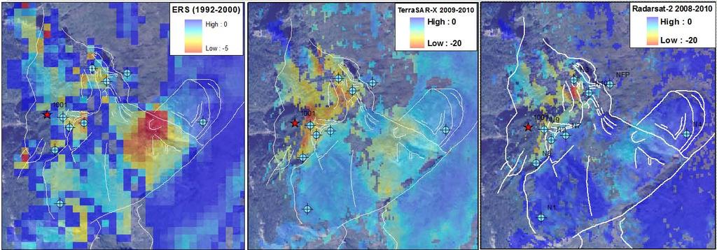 TerraSAR-X (2009-2010, Figur 70) dataene er i hovedsak i samsvar med Radarsat-2 dataene. Høyeste deformasjon er målt til ca 19 mm/år.