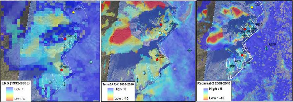 Figur 85: InSAR data fra de ulike satellittene. Radarsat-2 data CSA, levert av Norsk Romsenter/KSAT 2010; TerraSAR-X data DLR 2010 6.17.
