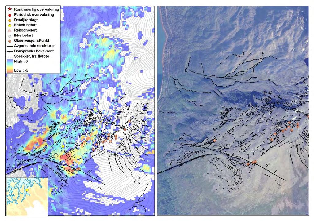 6.20 Staluvarri Staluvarri er en stor deformert fjellside langs østsiden av Kåfjorden. En full feltbefaring ble foretatt i 2010. Fjellsiden er kompleks, og viser tydelig deformasjon.