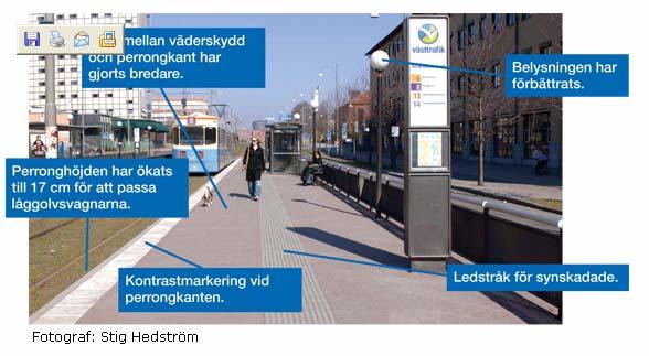 Figur 5 Tilgjengelighetstilpasset trikkeholdeplass (foto Stig Hedström) 1.1.5 Marked (forretningsidé) Tiltakene gjennomføres på bakgrunn av Riksdagens handlingsplan for tilgjengelighet.