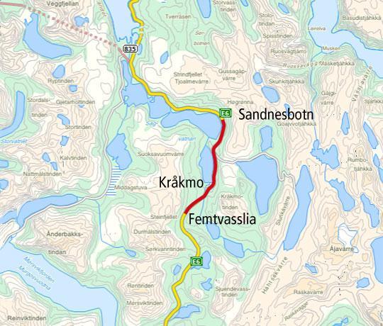 E6 Kråkmo, (Hamarøya) Nordland E6 Femtevasslia - Sandnesbotn Lengde: 5,05 km. 3,5 km av dette er en større omlegging.