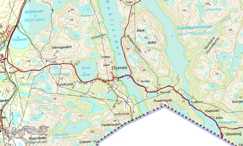 E105 Hesseng Storskog, Finnmark Veglengde ca 11 km, inndelt i 3 hovedparseller Parsell 1A Bjørkheim (Hesseng) Rundvannet 2,5 km Anleggsoppstart vår 2013 Ferdigstilles 2014 Parsell 1B Rundvannet