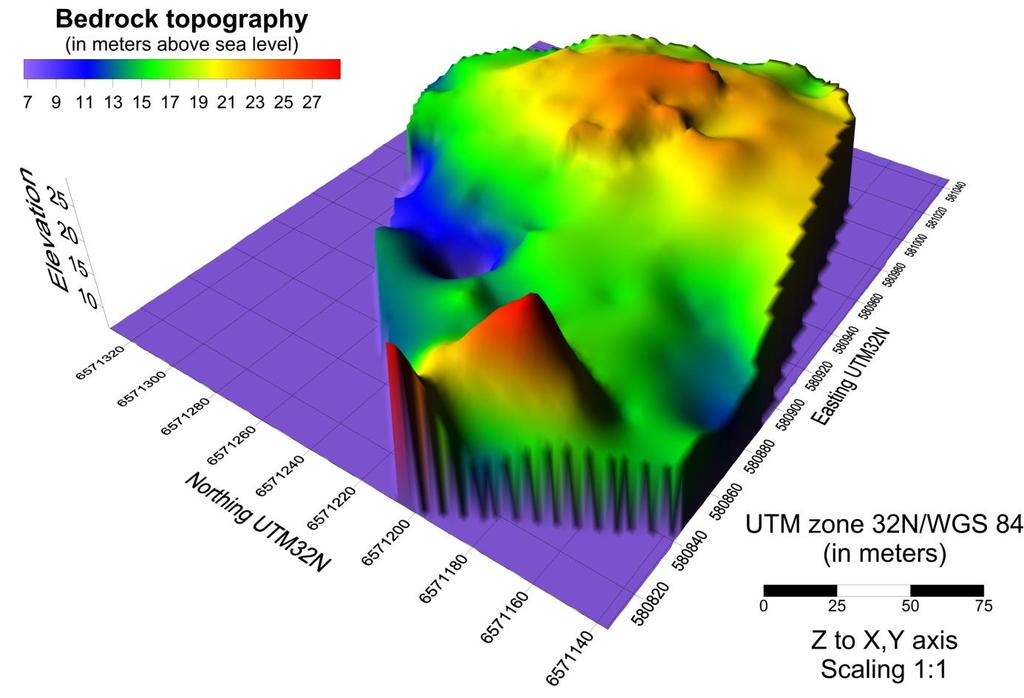 Figur 11: Presentasjon av fjelltopografien som 3D-modell. 6. DISKUSJON Datakvaliteten ved de refleksjonsseismiske undersøkelsene ble varierende.