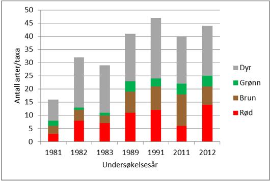 Stasjon 6 Nakkholmen Fra 80-tallet har det skjedd en positiv utvikling i antall alger og dyr, med unntak av en nedgang i antall registrerte rødalgearter i 2011 (Figur 70).
