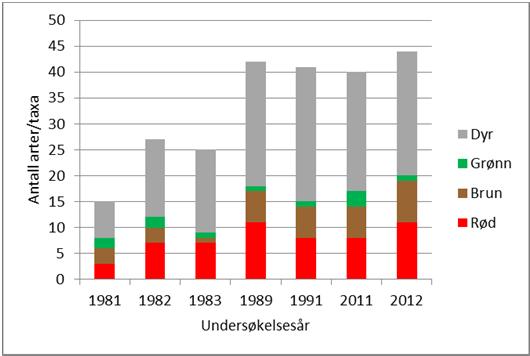 I 2011 og 2012 ble det registrert enkeltfunn av alger på 16 m dyp (Figur 63). Figur 70. Antall arter/taxa av rødalger, brunalger, grønnalger og dyr på Nakkholmen fra 1981 2012.
