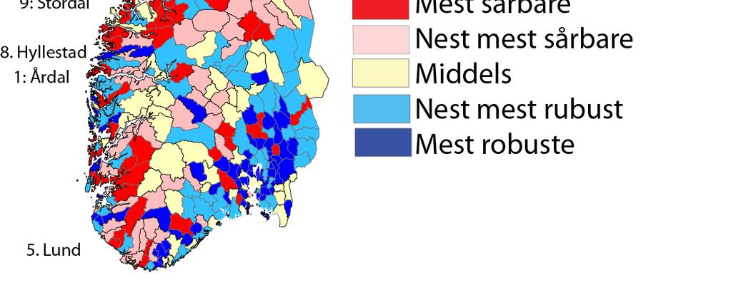 Kommunene på det sentrale Østlandet er mer robuste, mens kommunene i vest og nord oftere har høy sårbarhet.
