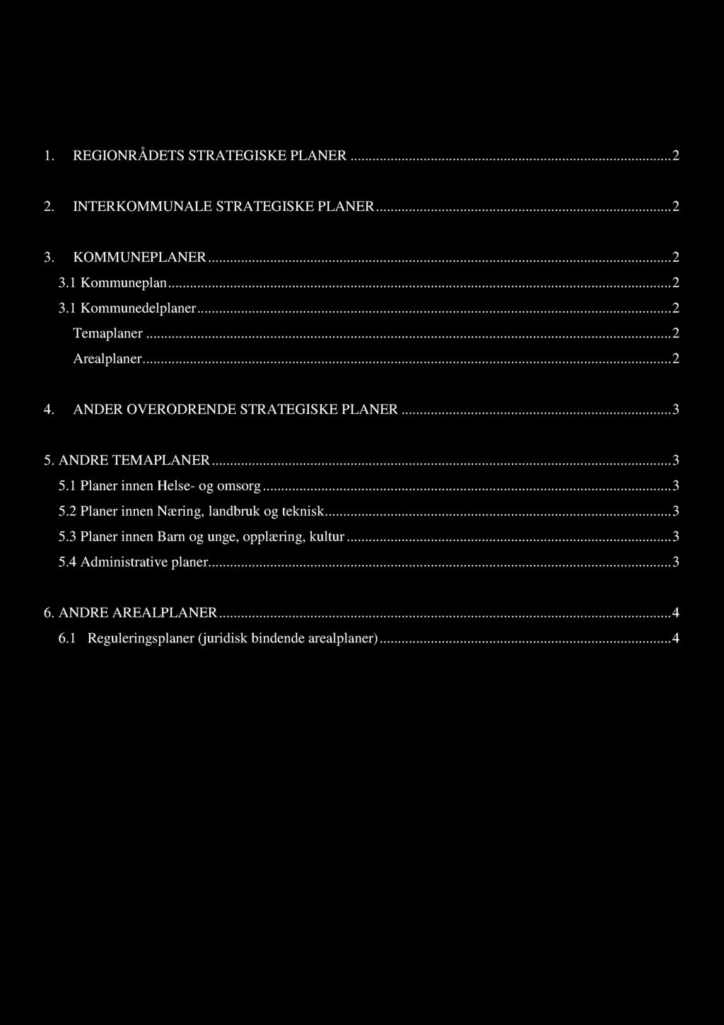 INNNHOLDSFORTEGNELSE 1. REGIONRÅDETS STRATEGISKE PLANER.... INTERKOMMUNALE STRATEGISKE PLANER.... KOMMUNEPLANER....1 Kommuneplan..........1 Kommunedelplaner... Temaplaner... Arealplaner... 4.