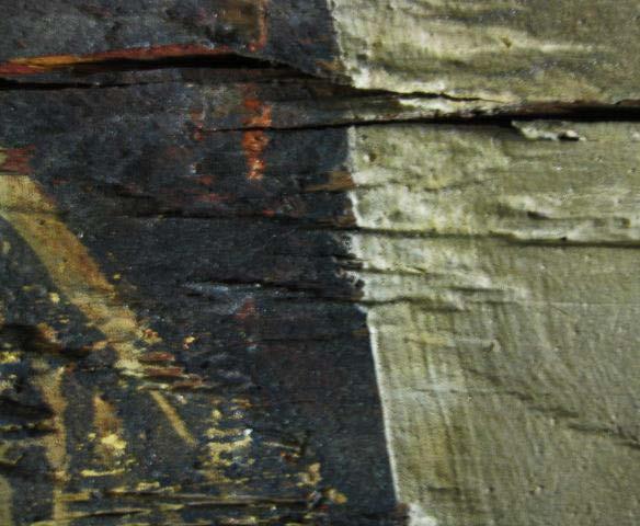 utenfor dekoren. Detalj av kantborden Detalj av kantborden. Den underliggende gulrøde fargen sees i en skade.