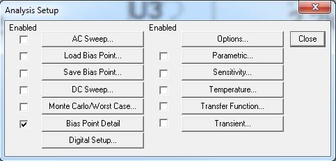 I FYS1210 er de aktuelle type simuleringene: 1. AC Sweep (Frekvens, Lab 3) 2. DC Sweep (DC-analyse, Lab 4) 3. Bias Point Detail (DC-analyse, Lab 2) 4.