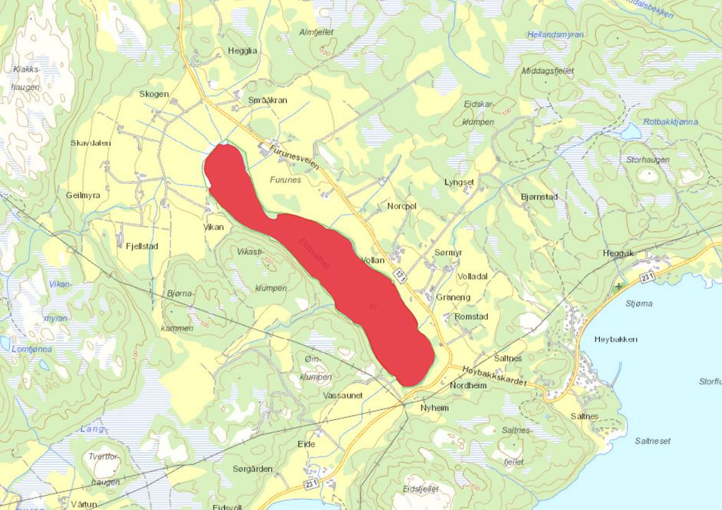 Figur 1: Oversikt over nedbørsfeltet til Eidsvatnet Balsnesvassdraget er det største vassdraget i Ørland, og består av Balsneselva samt tilløpselvene Røstadelva, Dalabekken/Karlengsbekken, Stamselva,