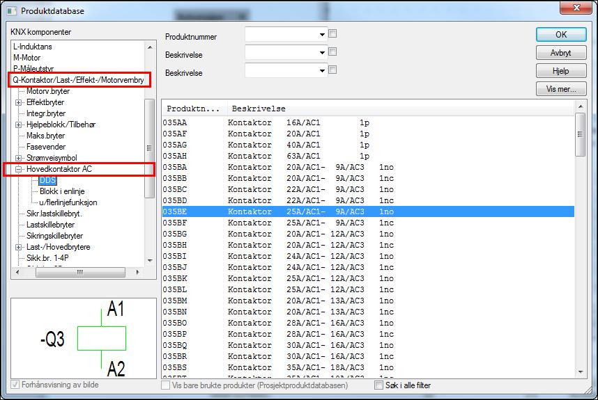 106 Automasjon 4. I produktdatabasen velges undergruppe Hovedkontaktor AC. 5. Bruk knappen [Vis mer] for å utvide søk etter kontaktorer. DDS-CAD 9 FP 4 5 6.