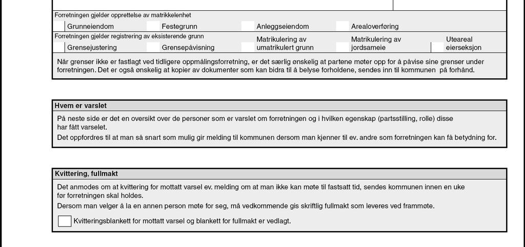 37 Varsel om oppmålingsforretning (6)Varselet skal inneholde opplysning om a) tid og sted for forretningen b) hvilken matrikkelenhet forretningen gjelder (matrikkelenhet, hjemmelsforhold) c) hva