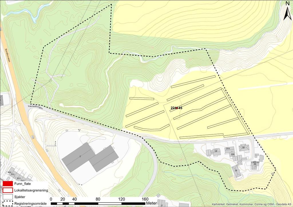 Figur 4: Kartet viser planområdet med sjaktene som er gravd og den registrerte kokegropen. Funn Det ble gjort funn en kokegrop i dyrket mark, ID224145.