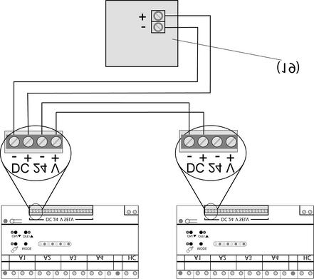 Bilde 8: Eksempel på tilkopling av en sensormodul eller tastsensormodul til to dimmestasjoner o Tilkople sensormodulen eller tastsensormodulen til dimmestasjonene slik tilkoplingseksemplet viser