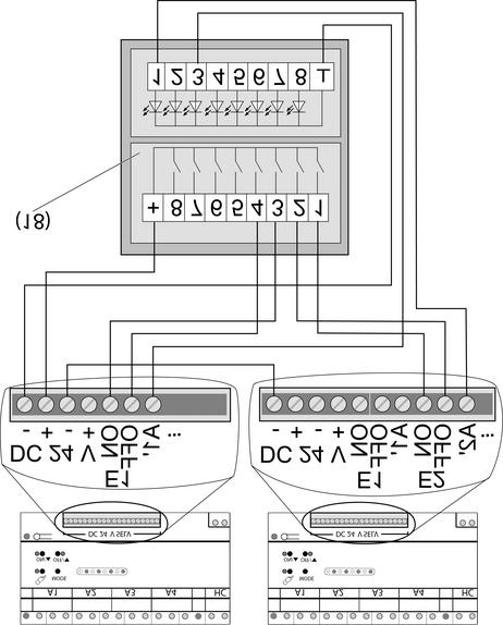 Eksempelet viser en tastsensor 24 V som er koplet til to dimmestasjoner.