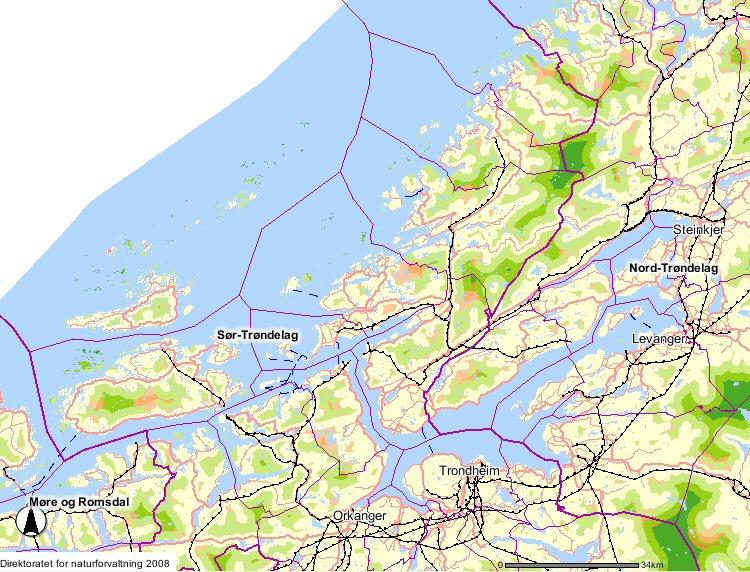 Grøn: Inngrepsfritt areal Orange: Tapt areal 1988-2003 Eksempel 1: Åfjord, Osen, Roan, Flatanger,