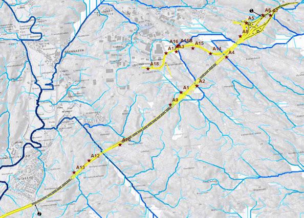 Figur 5.2: Beregnede flomveier (blå linjer) og identifiserte aktsomhetsområder (røde stjerner) langs nye E39 Kristiansand vest Søgne øst. Grå/hvit-stripet linje er planlagt tunnel. 5.1.