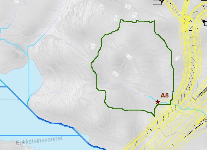 5.14 Aktsomhetsområde A8 Sekundære flomveier krysser nye E39 ved aktsomhetspunkt A8 som ligger rett oppstrøms Bukksteinsvannet. Avrenningsfeltet har et areal på ca.