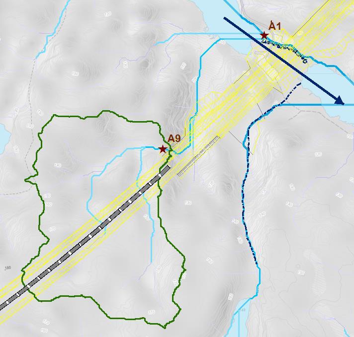 5.15 Aktsomhetsområde A9 A9 ligger ved planlagt innløp til ny tunnel mellom Øygardsvannene og Rossevannet.
