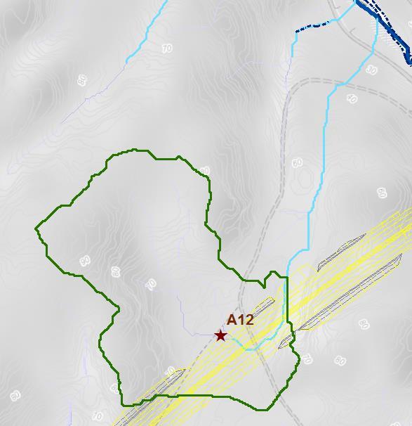 5.17 Aktsomhetsområde A12 A12 ligger rett nedstrøms Rossevannet. Avrenningsfeltet til aktsomhetsområde A12 har et areal på ca. 0,023 km2 og er et naturlig felt med lett vegetasjon og tynt humusdekke.