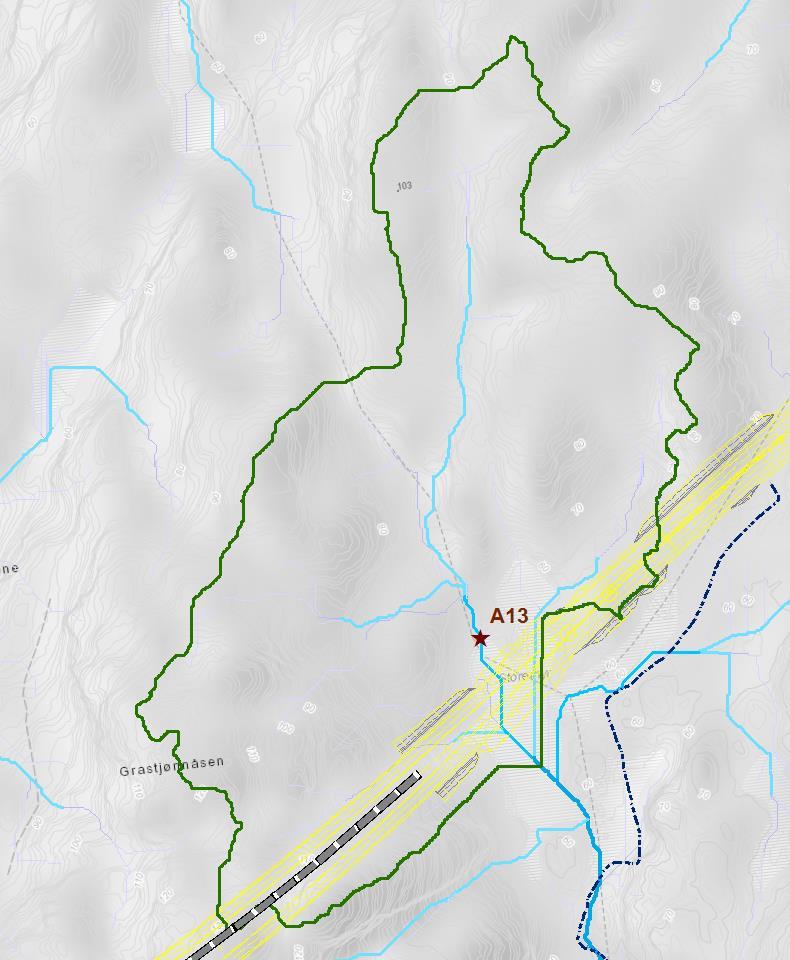 5.18 Aktsomhetsområde A13 A13 ligger rett oppstrøms innløp til ny tunnel mellom Storemyrbakkene og Øvre Lians Hatjønn og her vil sekundær flomvei krysse nye E39.
