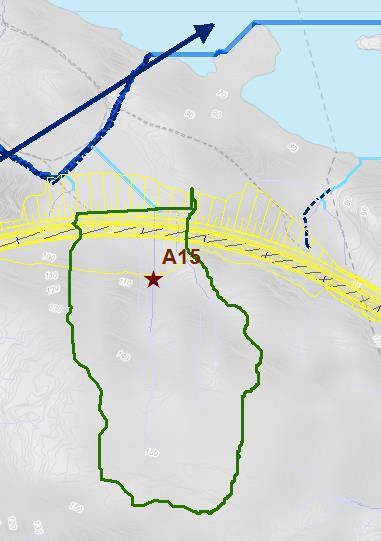 5.20 Aktsomhetsområde A15 Litt oppstrøms Mjåvatnet krysser sekundære flomveier ny industriveg flere steder innenfor aktsomhetsområde 15. Nedbørfeltet til aktsomhetsområde A15 har et areal på ca.