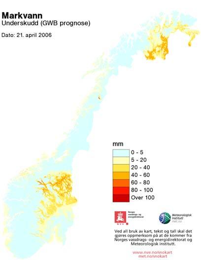 Figur 4 Beregnet grunnvannstand i prosent av normalen og beregnet markvannsunderskudd i mm pr 21