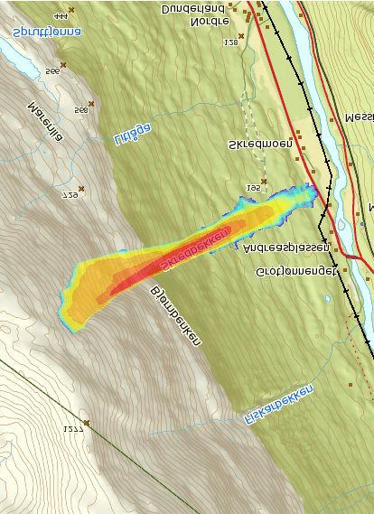 Simulering Skredmoen 2 m snø i løsneområdet: V max Vmax L300_2m_Vmax_rel2 param 0,015 004-2,0000 00 2,000 001-5,0000 00 5,000 001-8,0000 00 8,000