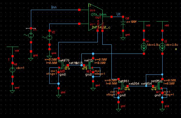 Figur 3: Testbenk OTA med trimmekrets, open loop 2.3 Radix 2 og radix 1.77 DAC En radix 2 DAC er en DAC som har 2 som grunntall, og baserer seg dermed på to-tallssystemet.