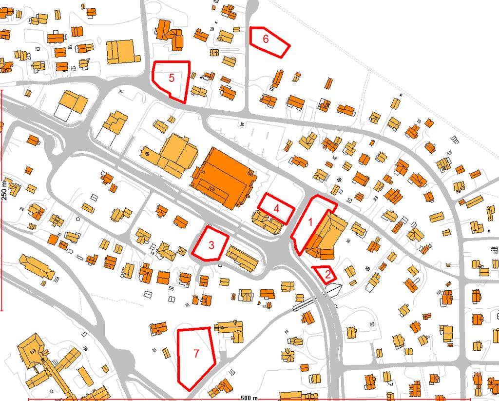 Kartutsnitt som viser kommunale/offentlige p-plasser innenfor sentrumsområdet på Elvebakken. Område 6 er ikke opparbeidet, men kun regulert i gjeldende sentrumsplan.