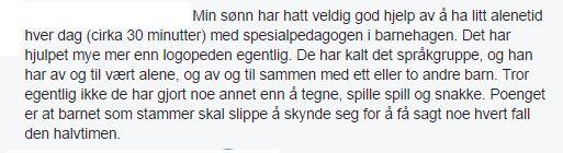 Hva kan barnehagen gjøre for barn som stammer? 1. Rådfør med en logoped hvilke tiltak som kan settes inn for det enkelte barn. 2. Senke de språklige kravene - språkgrupper 3.