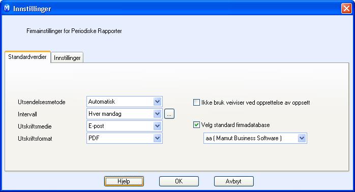 Innstillinger INNSTILLINGER Innstillinger for Periodiske Rapporter kan settes på to nivåer. Fra verktøylinjen i hovedvinduet kan du sette innstillinger som gjelder i programmet.