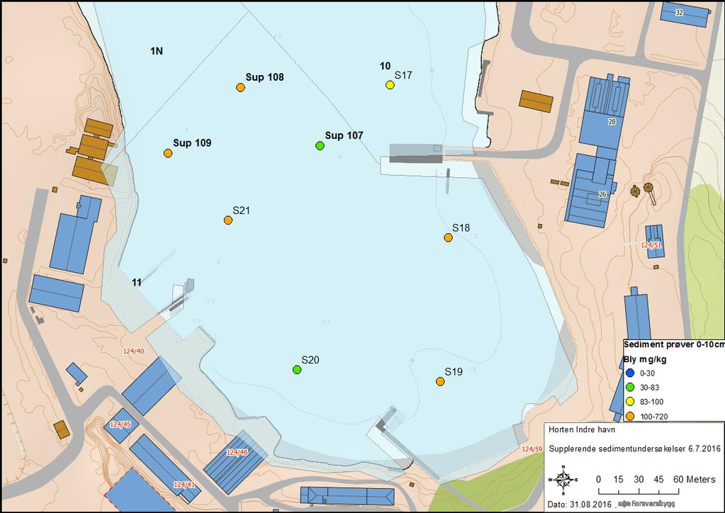 Figur 5: Sedimentprøvepunkt med sum PAH16 konsentrasjoner i Stjertebukta (etter veileder