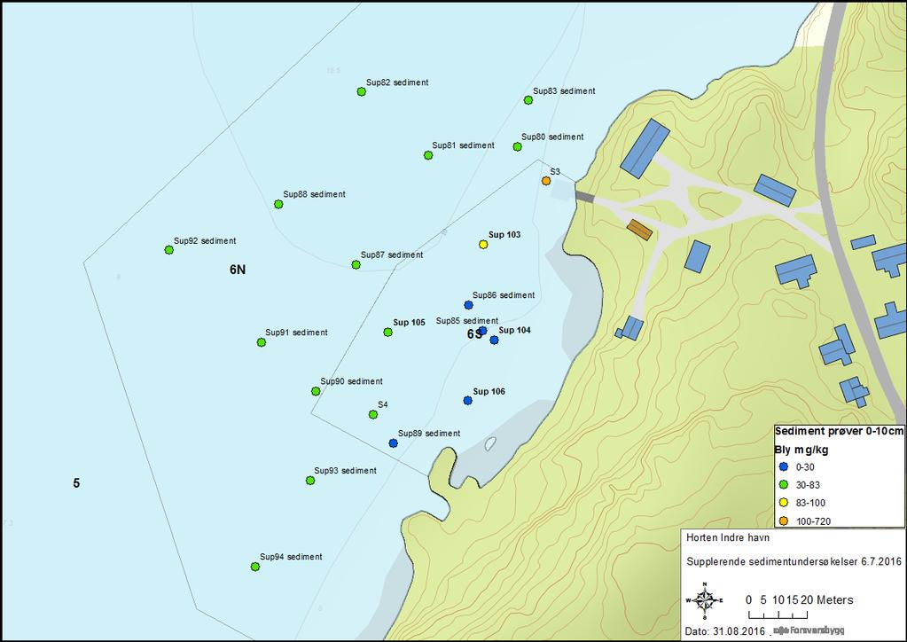 Figur 9: Sedimentprøvepunkt med sum PAH16 konsentrasjoner ved Mellomøya (etter veileder