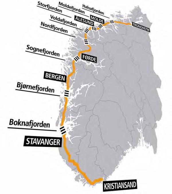 Ferjefri E39 Kristiansand-Trondheim 1060 km lang strekning Går gjennom 49 kommuner, 6 fylker og 3 regioner 8 Større