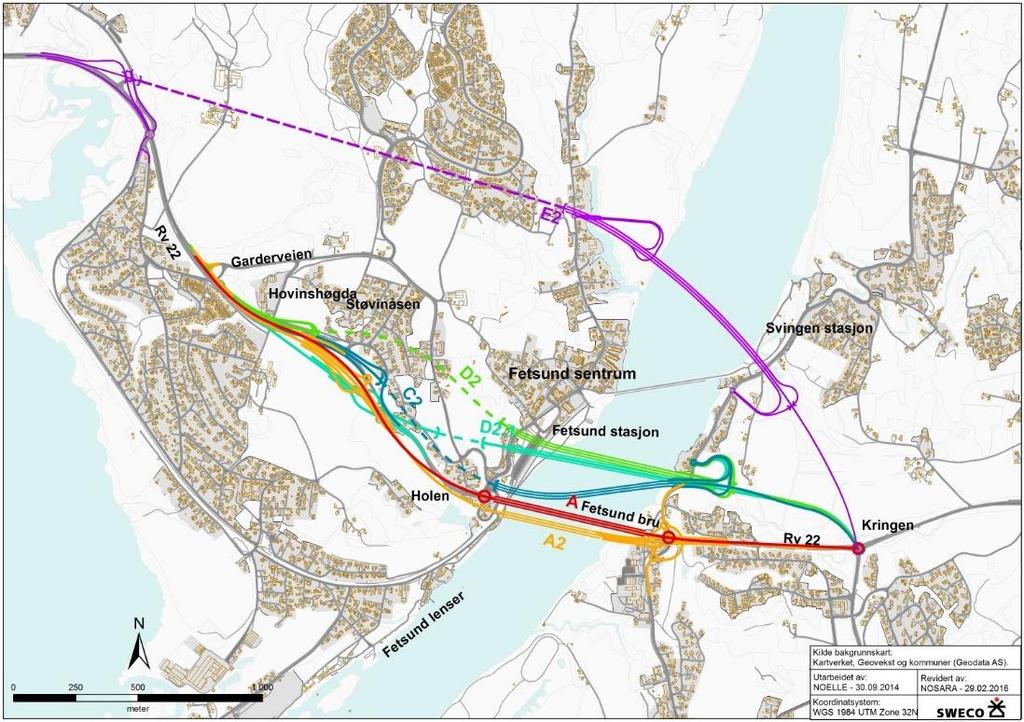 Alternativ Strekning Tunnellengde Brulengde Veglengde Totallengde A Hovinhøgda Kringen Ingen tunnel 588 m 2412 m 3,0 km A2 Hovinhøgda Kringen Ingen tunnel 588 m 2412 m 3,1 km C2 Støvinåsen Kringen