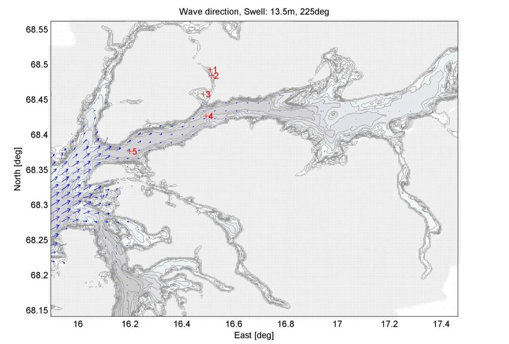 RAMSUND, TJELDSUND 13 3.3 Vurdering av Havbølger 3.4 Beregningsgrunnlag Det er gjort en numerisk beregning av havbølgeforplantning fram til det planlagte kaianlegget ved Ramsund ved hjelp av SWAN.